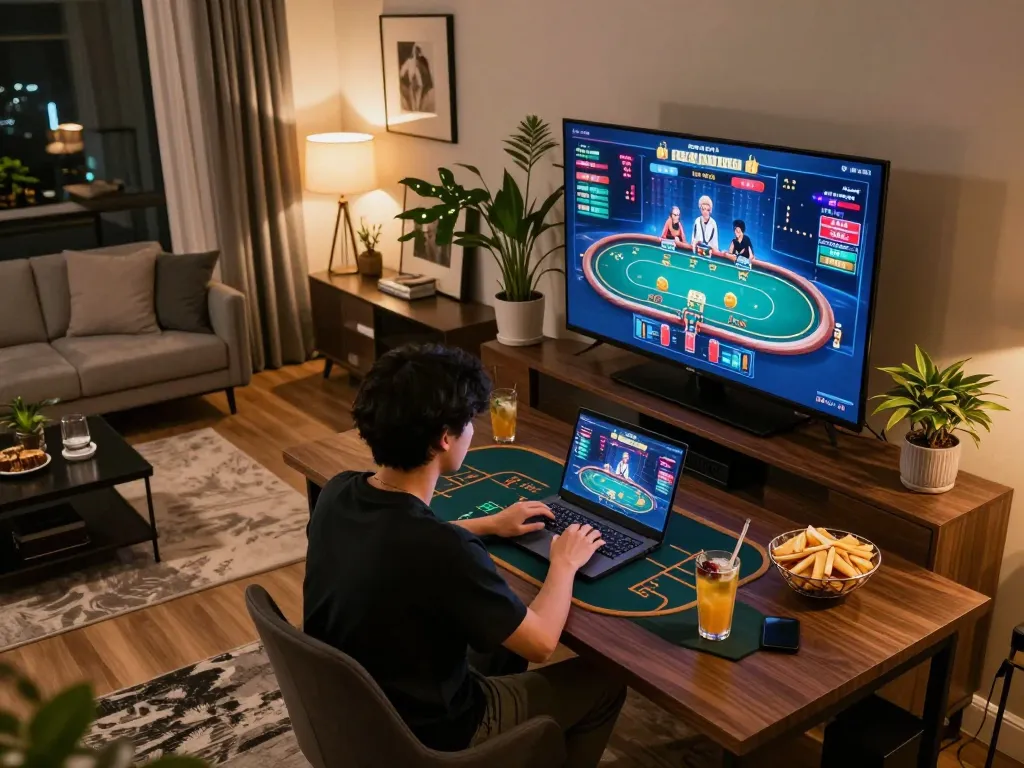 Engaged player exploring the best widget store for online poker strategies in a stylish home setup.
