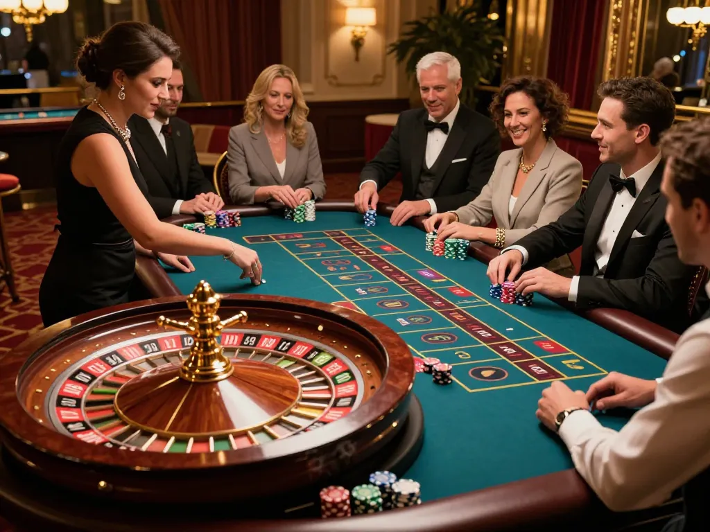 Players engaged in an O8 roulette game with vibrant chips and an expert croupier spinning the wheel.
