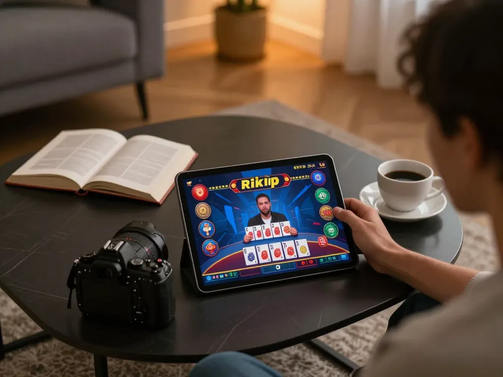 Enjoying a live dealer game on rikvip displayed on tablet, creating an engaging online gaming atmosphere