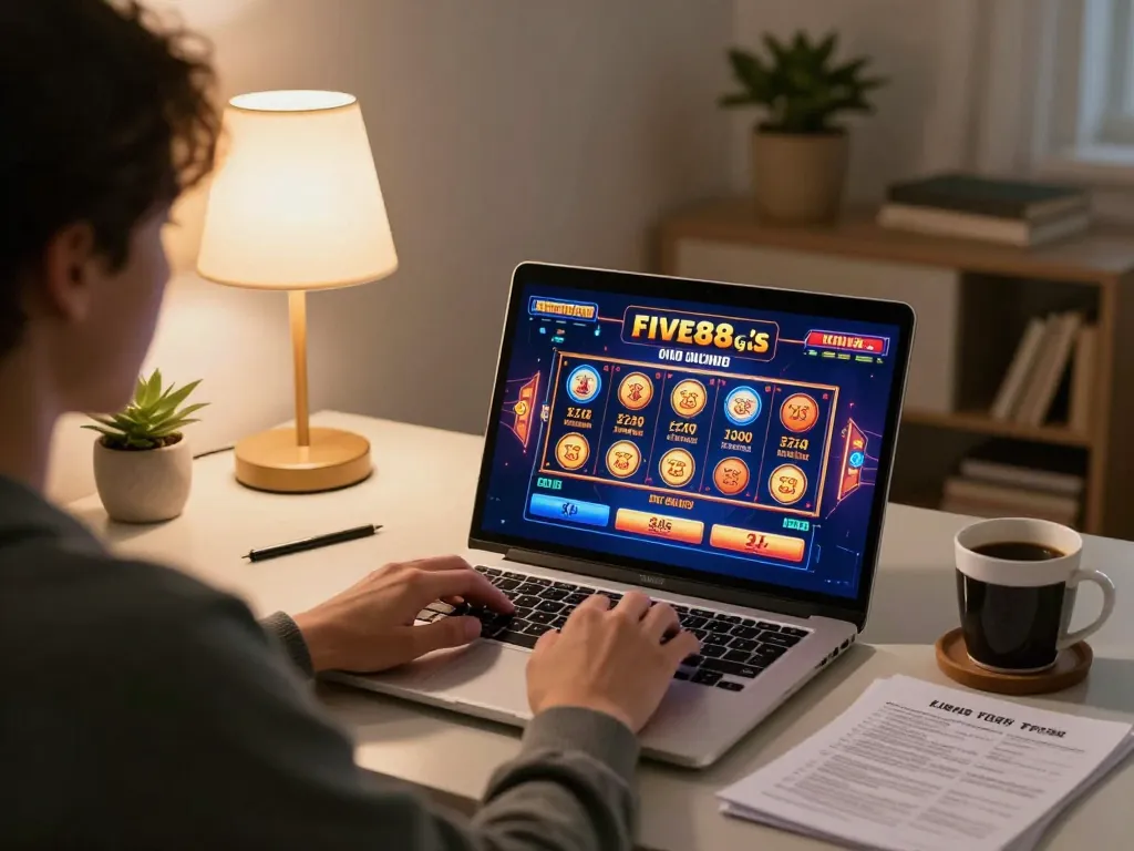 Engaging in online gaming with five88g on a laptop featuring vibrant slot visuals.