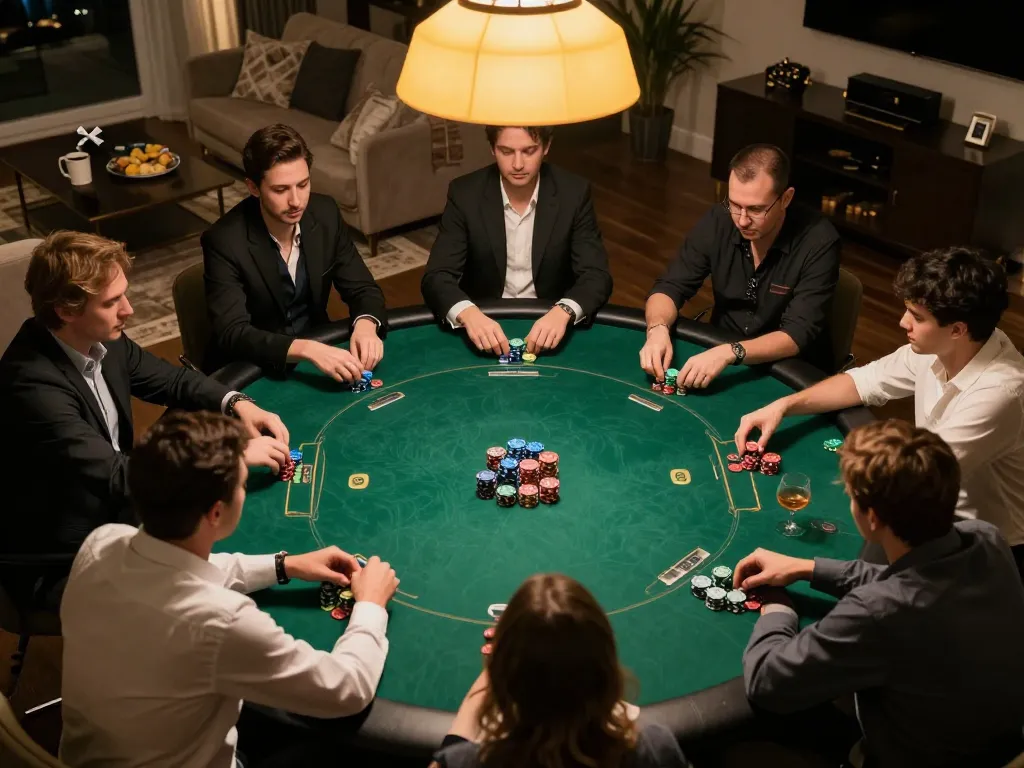 Engaged players enjoy 789win vip poker night at a luxurious home, showcasing high-stakes gameplay and social interaction.