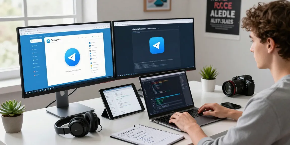 Developer coding on multiple screens featuring telegramin-cn.com in a modern workspace.