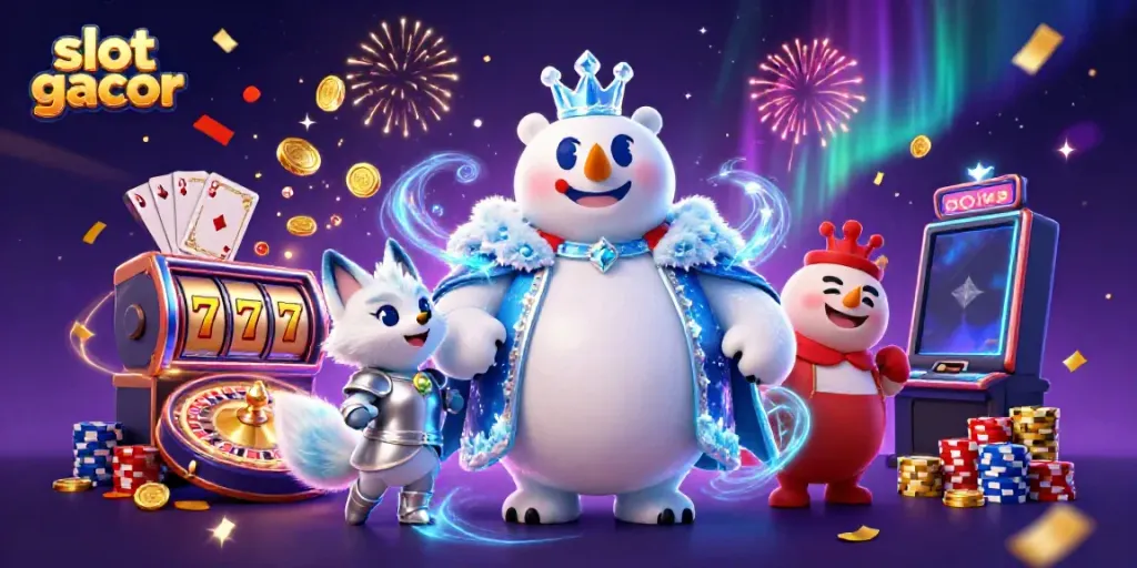 Experience the thrill of slot gacor with a 3D cartoon scene featuring a polar bear king and slot elements.