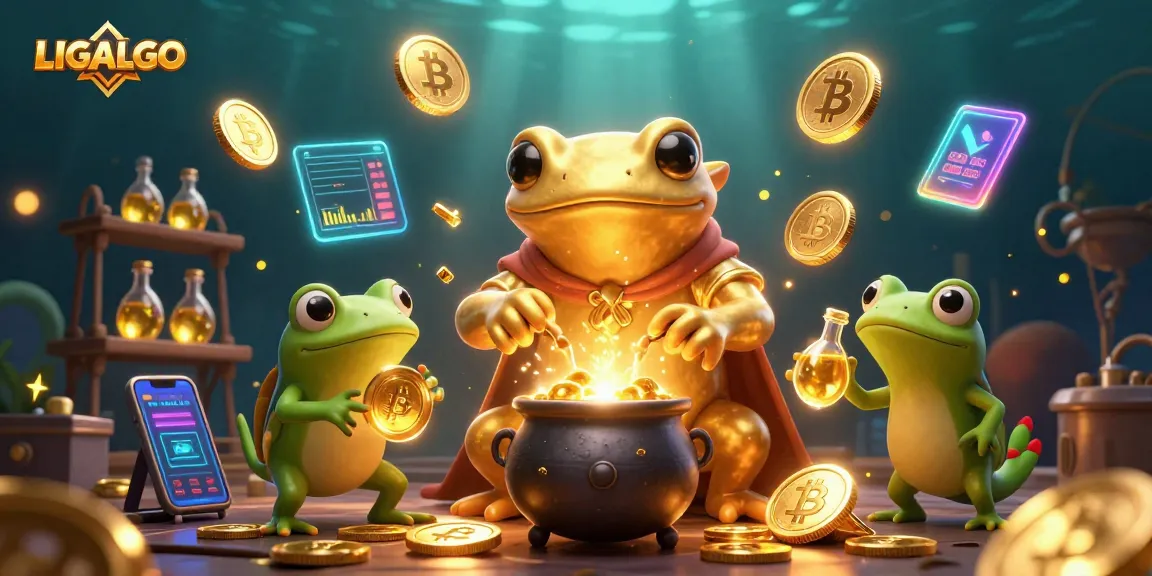 LIGALGO illuminates a mystical casino scene with enchanted characters amidst gold coins and crypto elements.