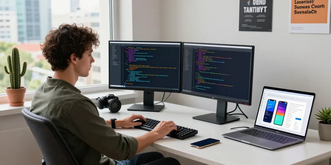 A young professional coding on multiple monitors in a modern workspace, illustrating the features of 纸飞机中文版.