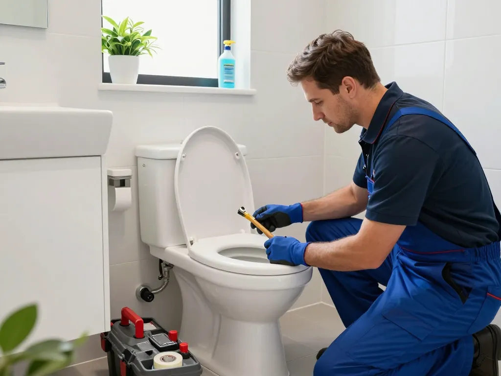 Apex Plumbing Services North Sydney plumber diagnosing toilet issues in a bright bathroom, showcasing professional tools and expertise.