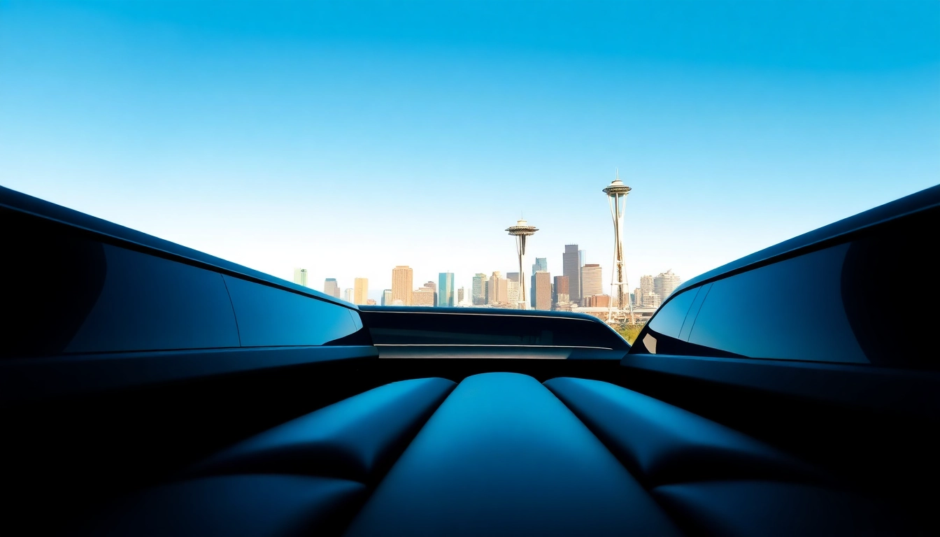 Experience luxury with vancouver to seattle limo service showcasing a black limo against the Seattle skyline.