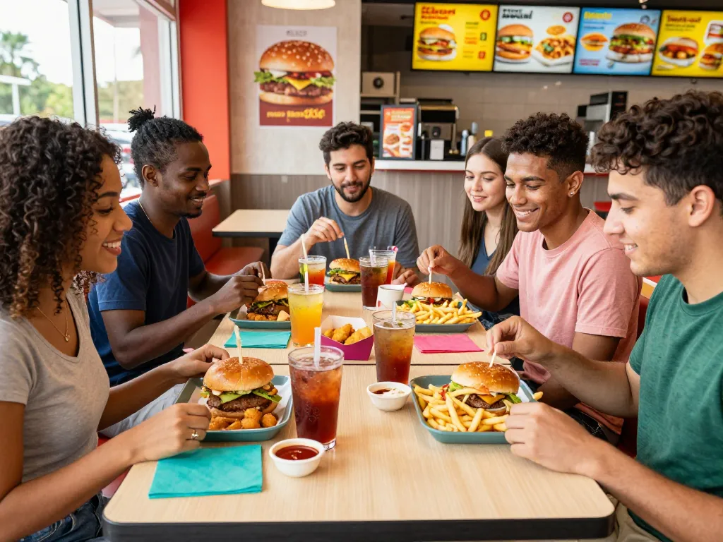 Delicious fast food menu items including burgers, fries, and drinks enjoyed by friends in a vibrant restaurant setting.