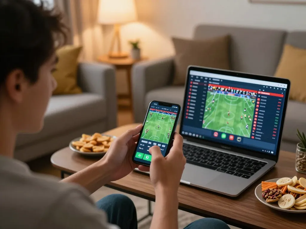 Engaging mobile betting experience with rokok88 on smartphone in a cozy home setting.