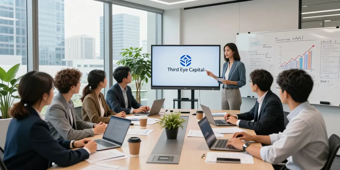 Team collaboration in a modern office discussing Third Eye Capital strategies during a financial meeting.