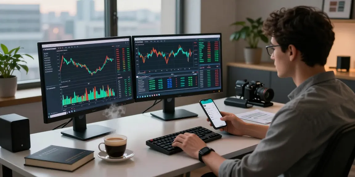 Individual trading with NAGA2000 on multiple screens in modern home office