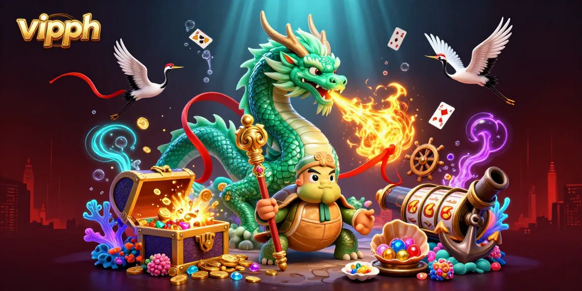 Experience the thrill of vipph with a dynamic 3D illustration of a casino scene featuring mythical elements and lucky symbols.