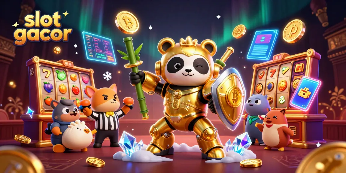 Engage in slot gacor adventures with a vibrant illustration featuring a panda robot amidst casino excitement.