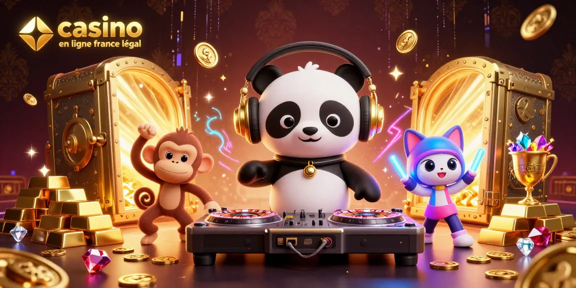 Jouez au casino en ligne France légal avec un DJ panda et un singe sur la piste de danse entourés de bijoux précieux.
