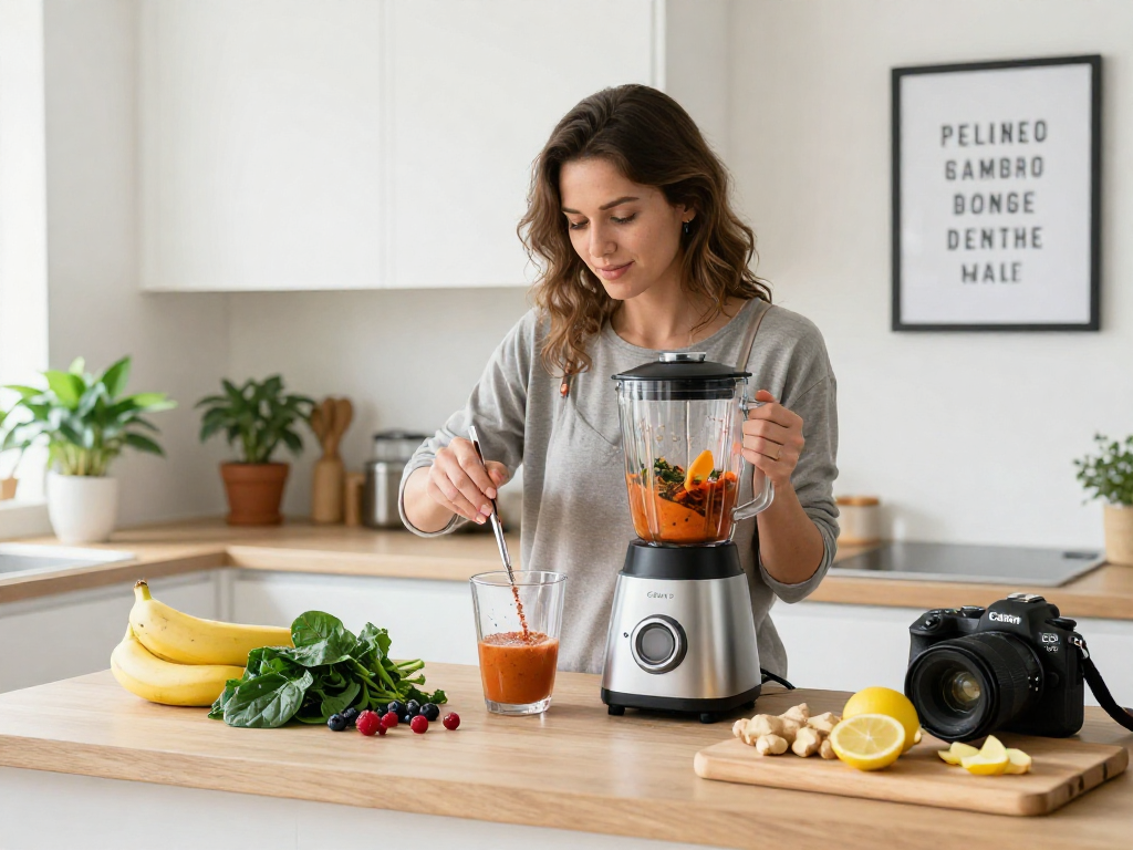 Preparing a nutritious smoothie highlighting premium astaxanthin powder in a bright kitchen.