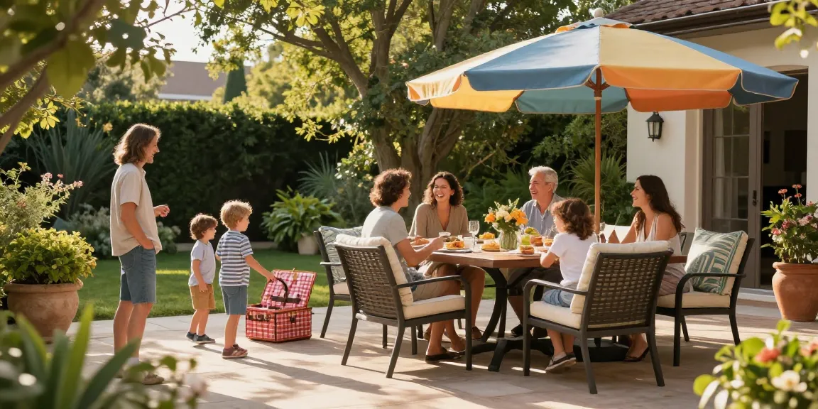 Cozy family gathering around stylish patio furniture sets in a lush garden.