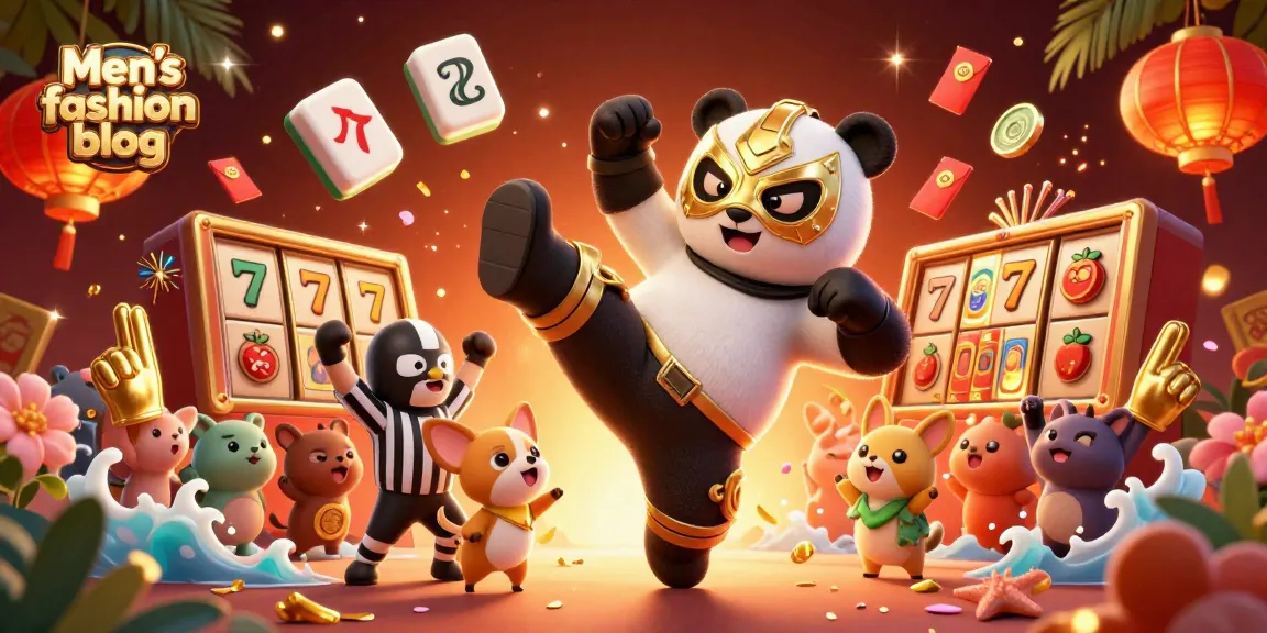 Men's fashion blog showcases exhilarating slots action with a vibrant panda wrestler and cheering animal crowd.