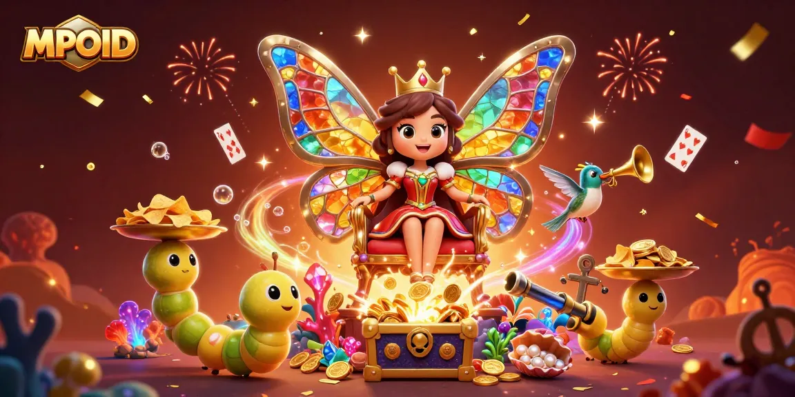 MPOID offers a vibrant scene featuring a butterfly queen amid a colorful casino-themed backdrop, exuding excitement.