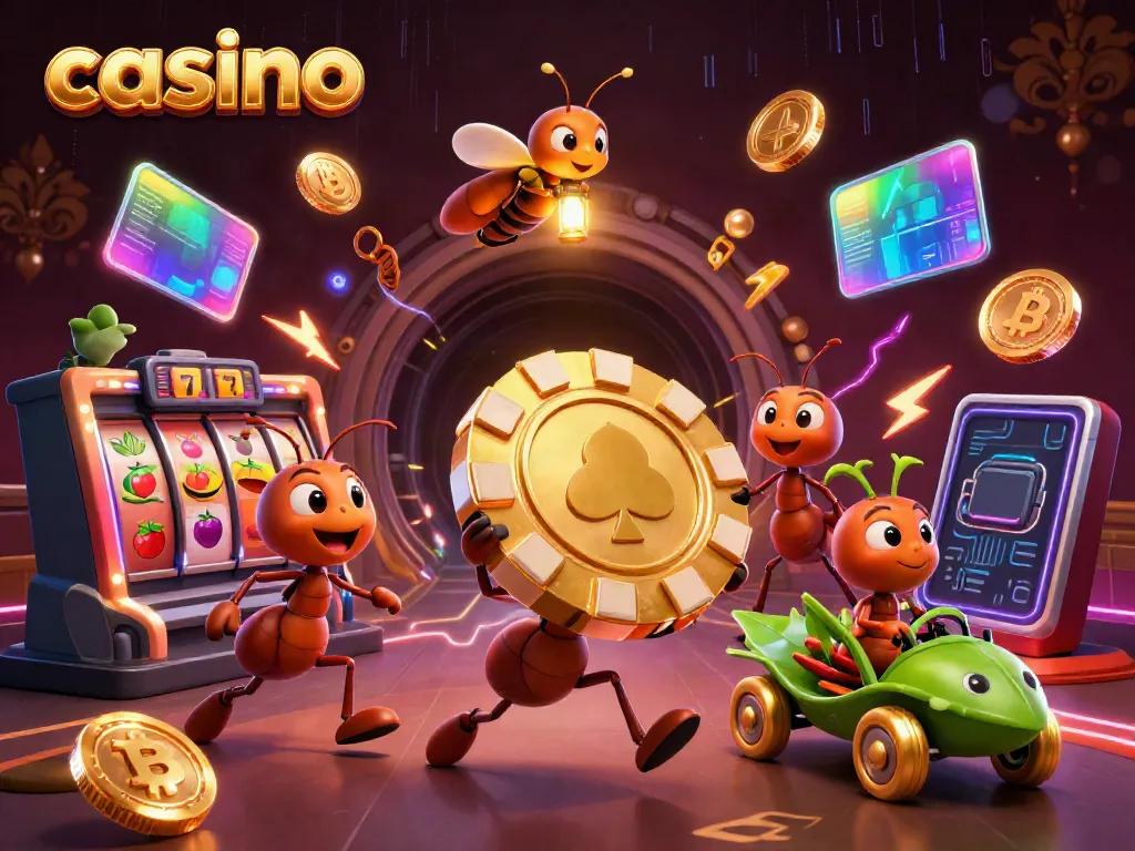 Ants execute a casino heist with a giant poker chip amidst neon digital coins and symbols.