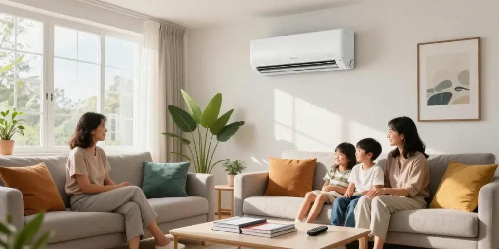 Cozy living room with family enjoying comfort from mini split 18000 BTU air conditioning unit.