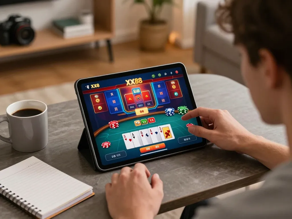 Player engaging in poker on the XX88 casino app in a cozy home setting, showcasing strategic gameplay.