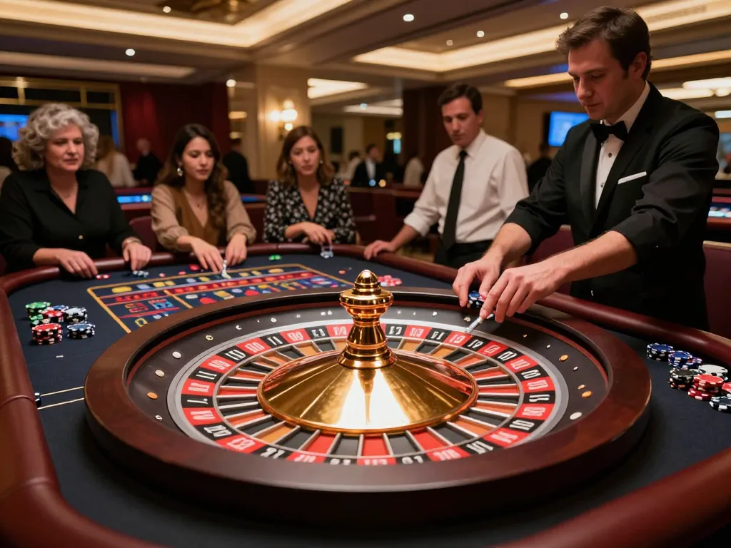 Players engaged in thrilling roulette game at ta888 casino, displaying vibrant chips and spinning wheel