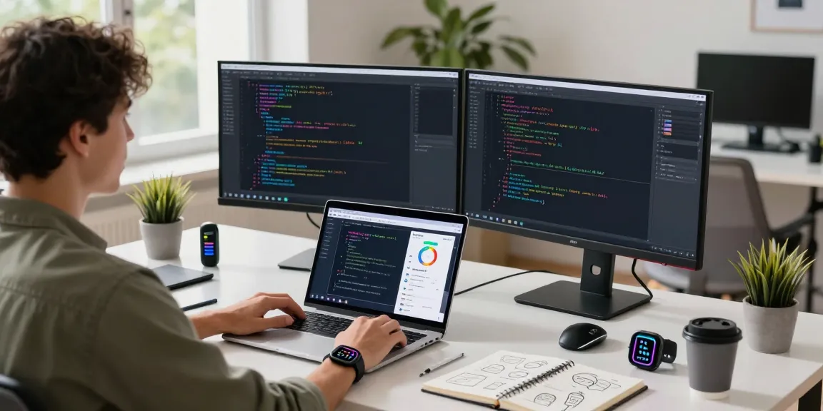 Developer working on an Android fitness app project tutorial in a modern workspace, showcasing Kotlin code and fitness tech.