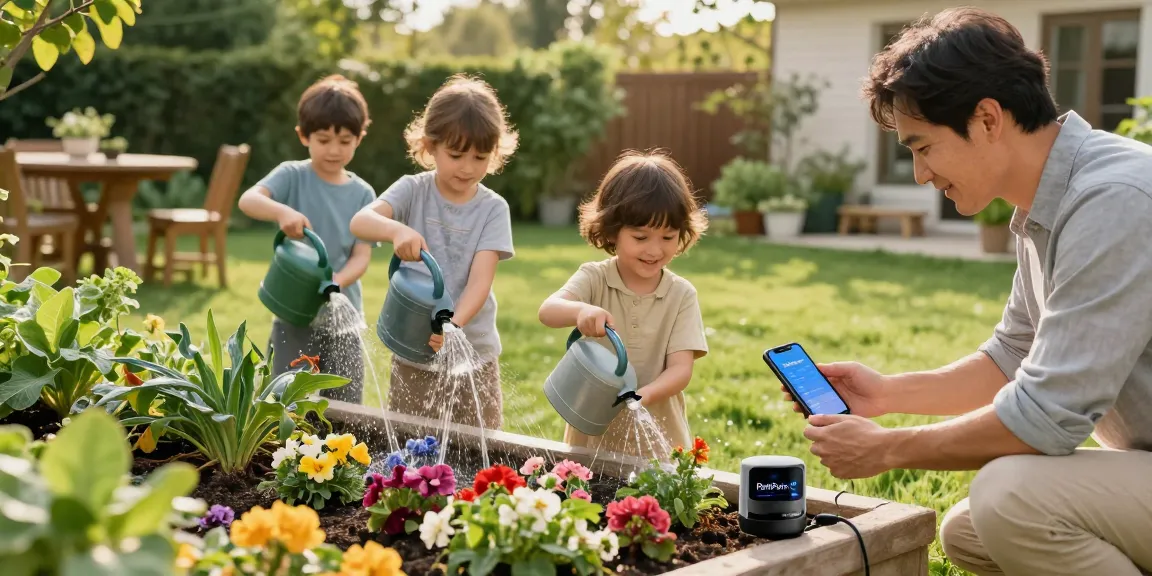 Family using the RainPoint automatic watering system to nurture their vibrant garden.