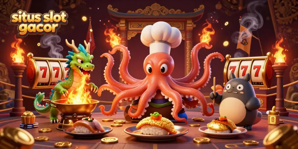 Create an exciting scene at the situs slot gacor with a sushi chef octopus and a dragon in action.