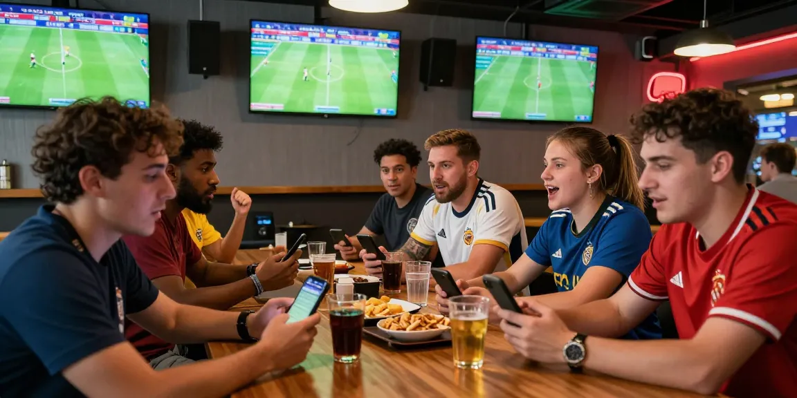 Friends engaging in football betting at a lively sports bar, highlighting keobongdahomnay excitement.