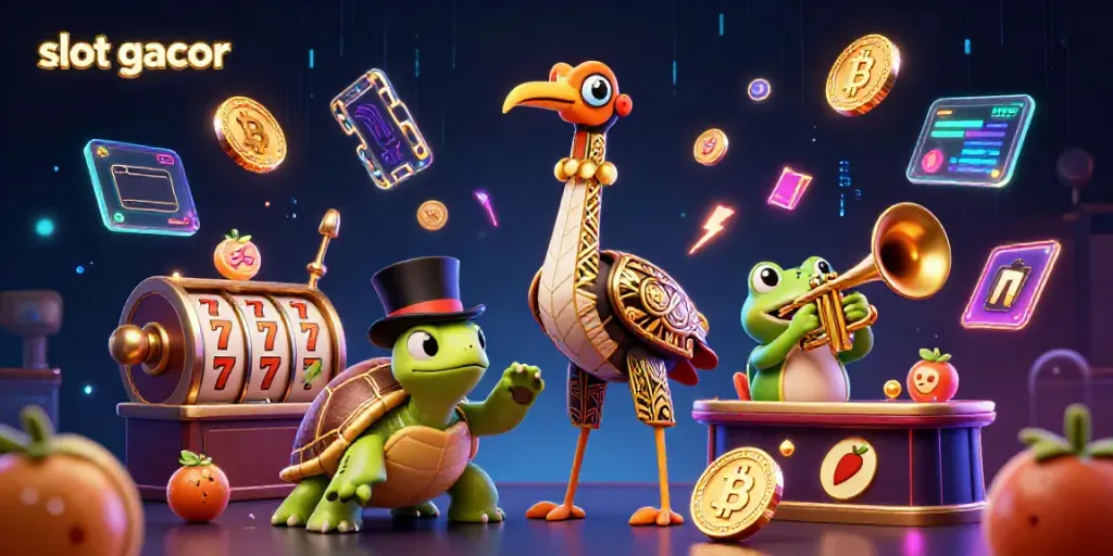 Engage with slot gacor features amidst vibrant casino characters and dynamic visuals.