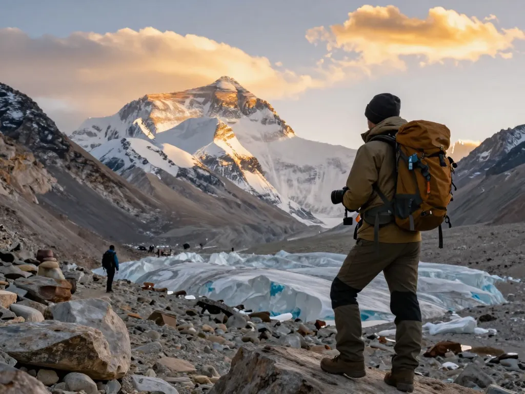 Stunning view of the Everest Base Camp Trek with Helicopter Return at sunset with travelers admiring the landscape.