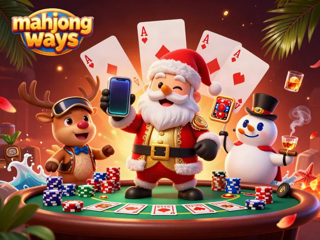 Play and win with mahjong ways in this vibrant casino scene featuring Santa and friends.