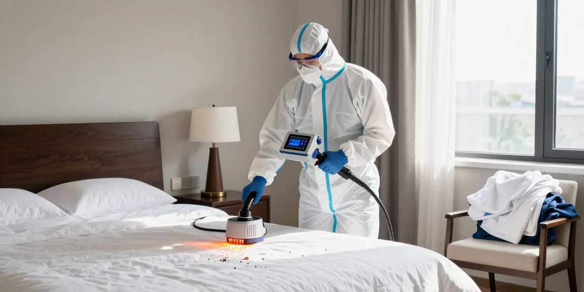 Bed bug heat treatment in progress with a technician using eco-friendly equipment in a modern bedroom.