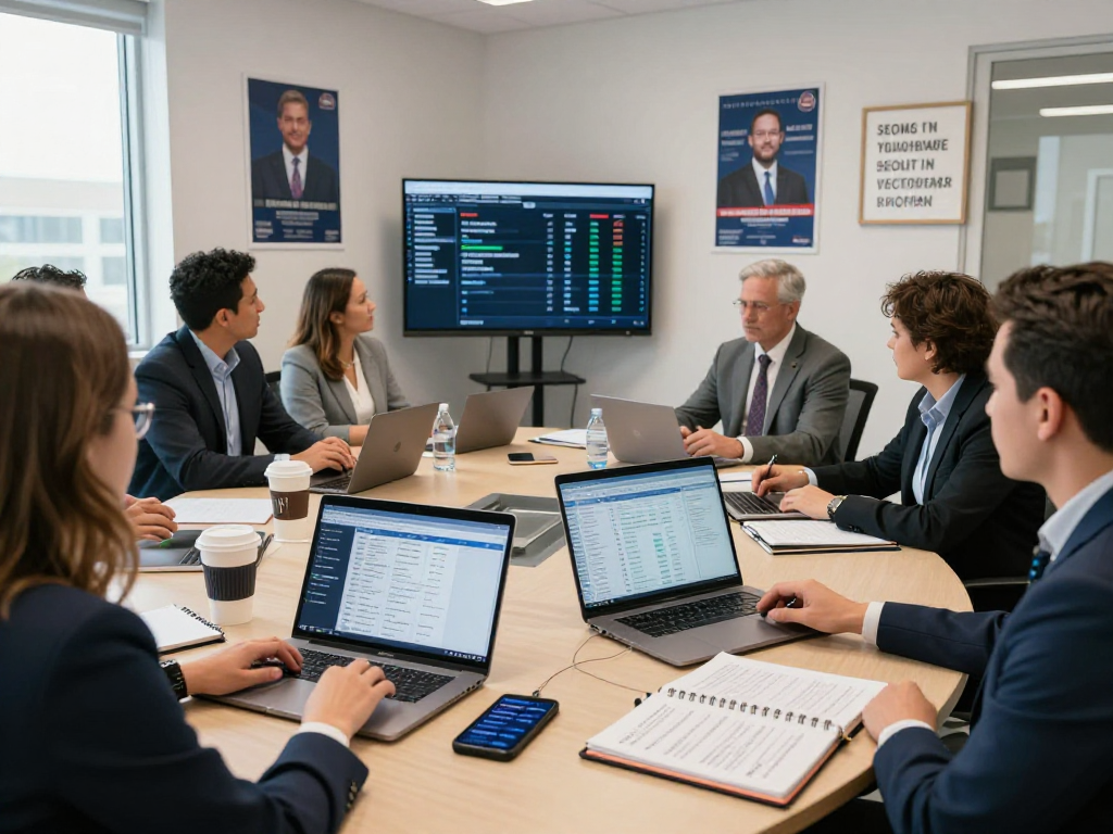 Team discussing campaign text message service strategies in a modern office.