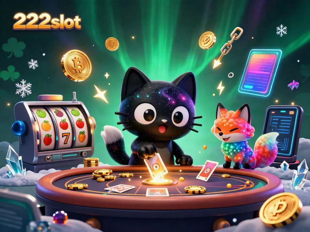 Taruhan di 222slot menggunakan slot reels dengan karakter kucing hitam dan rubah nebula.
