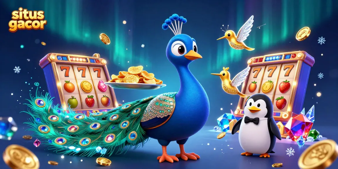 Menangkan di situs gacor dengan ilustrasi kasino 3D yang menampilkan merak megah dan karakter unik lainnya.