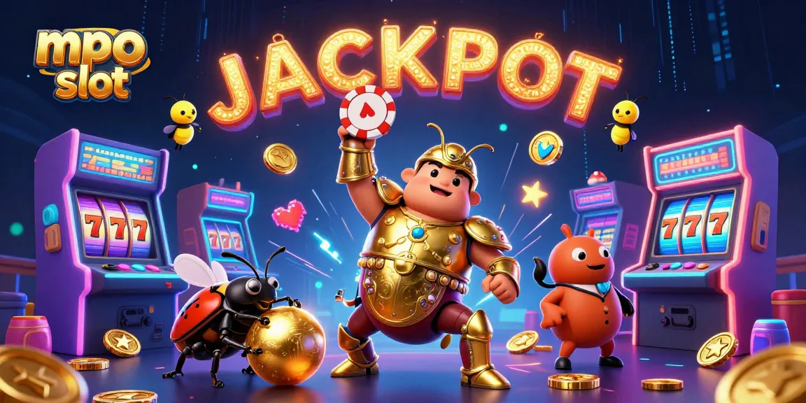 Spin the reels with mpo slot in this vibrant casino scene featuring a victorious beetle.