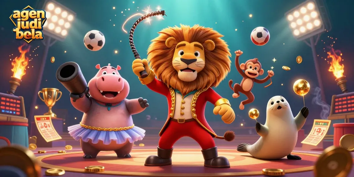 Experience sports betting excitement with agen judi bola featuring a lively 3D circus scene.