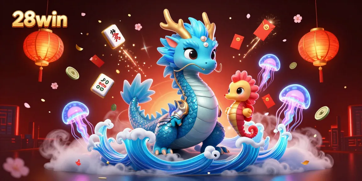 Experience exciting gameplay with 28win, featuring a vibrant dragon, jellyfish, and dynamic casino elements.