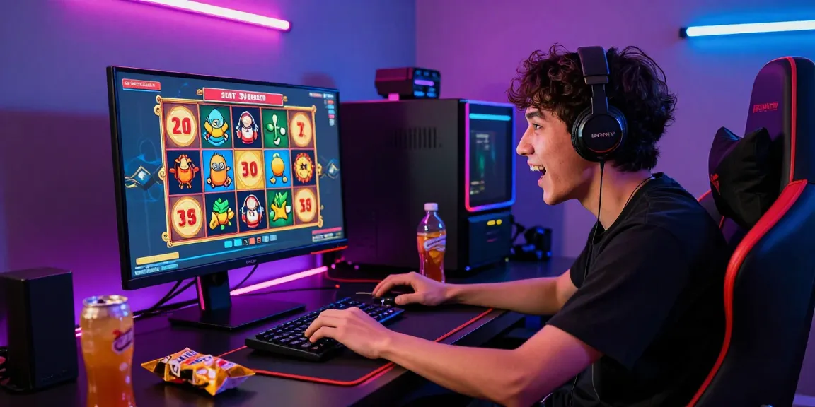 Player engaged in Slot Scatter Hitam game, showcasing excitement and vibrant gaming setup.