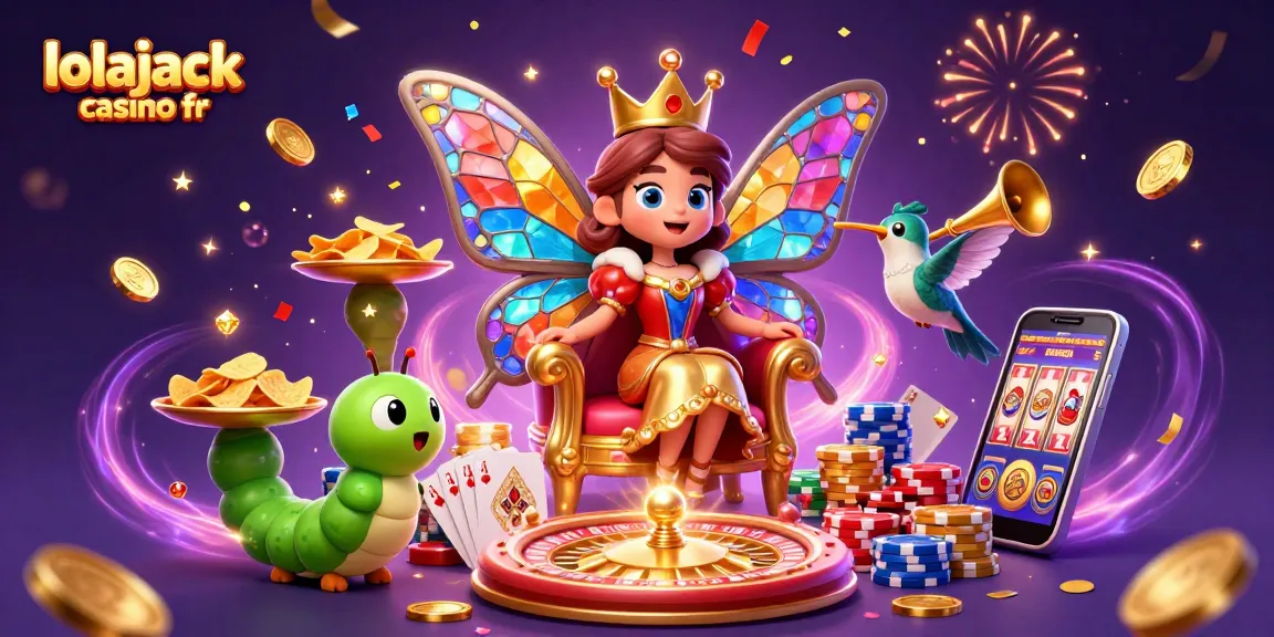Experience thrills at lolajack casino fr with a vibrant scene of the butterfly queen amidst casino excitement.