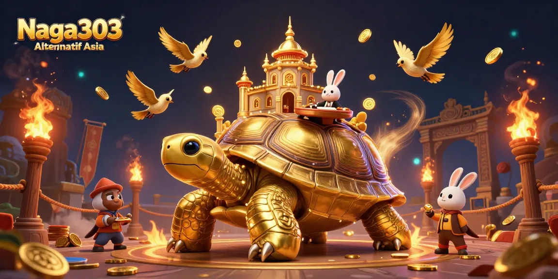 Naga303 Alternatif Asia showcases a dynamic 3D scene with a giant tortoise casino and a rabbit dealer.