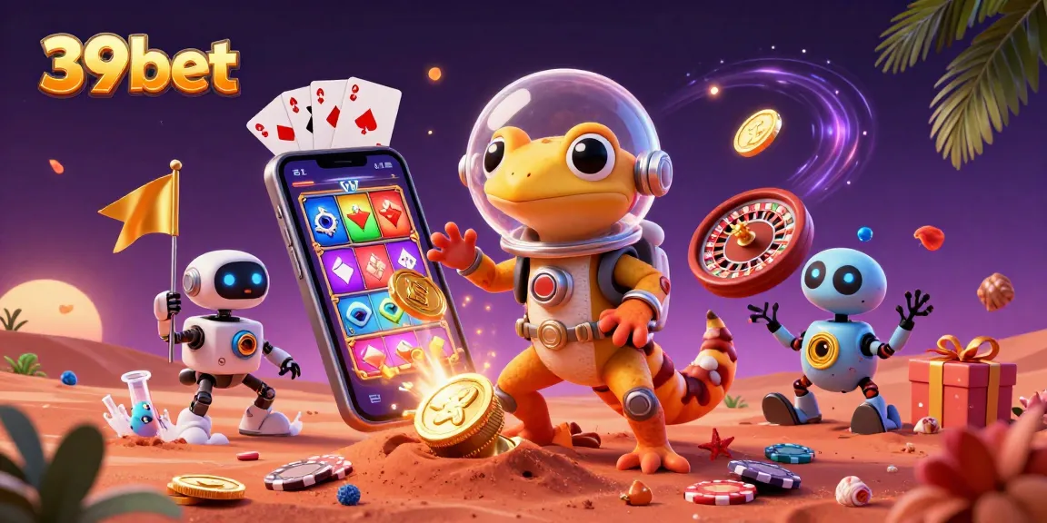 39bet presents a vibrant scene of a Martian gecko discovering a golden casino, encapsulating online betting excitement.