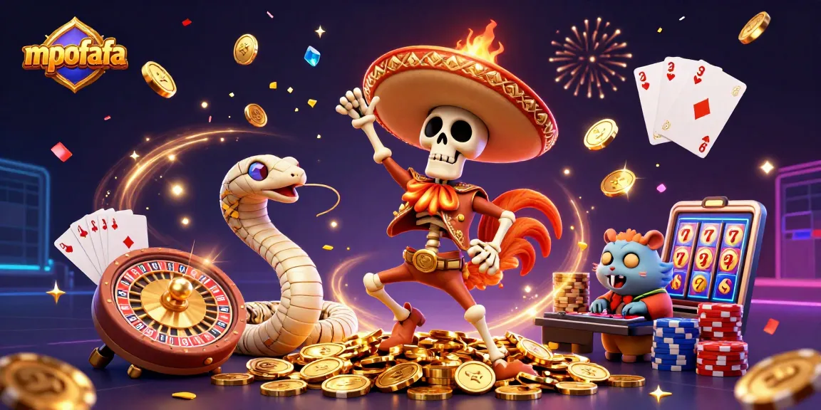 mpofafa unleashes excitement with a vibrant casino scene featuring colorful characters celebrating wins among coins and sparkling gems.