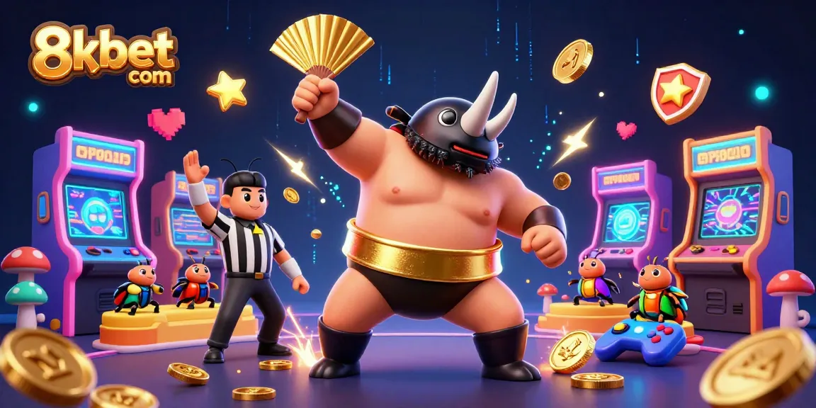 Experience thrilling action at 8xbet com with the sumo beetle stomping golden coins in a vibrant casino scene.