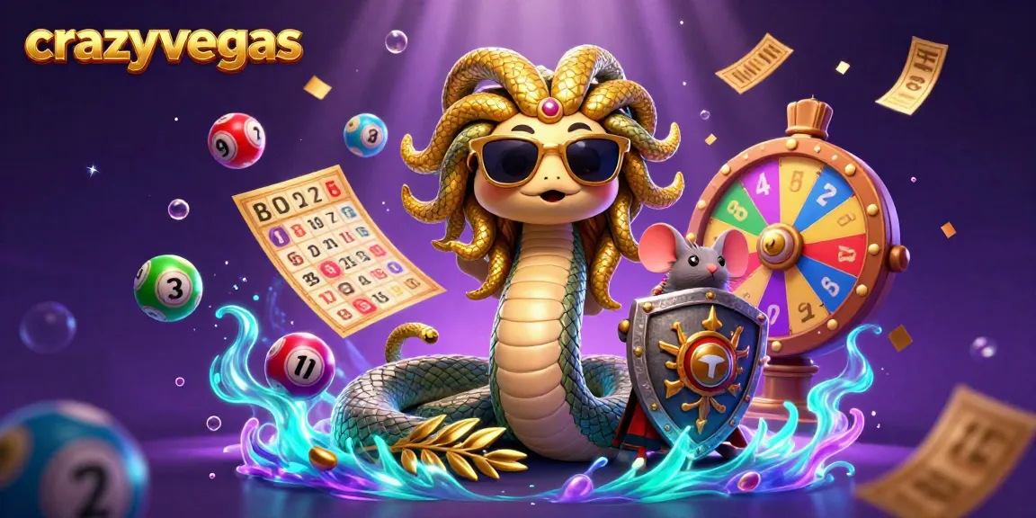Experience the amazing fun at crazyvegas with a 3D illustration of Medusa, a warrior mouse, and vibrant gambling elements.