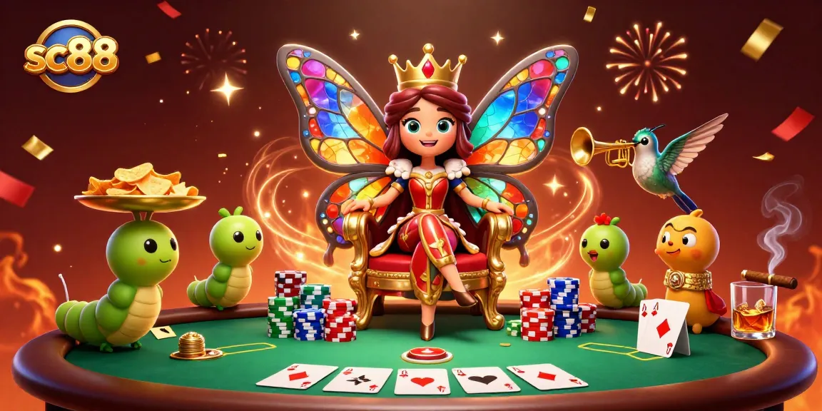 Experience the thrilling sc88 poker scene with a butterfly queen and vibrant game elements.