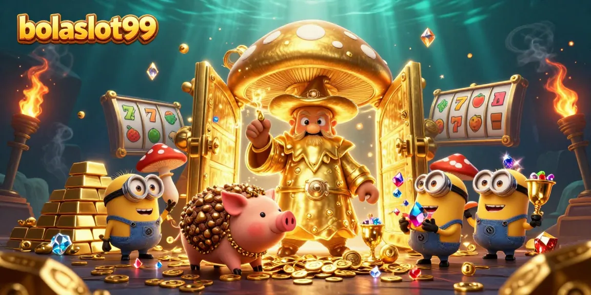Bolaslot99 brings lucky adventures to life with a golden wizard, treasure, and vibrant casino elements.